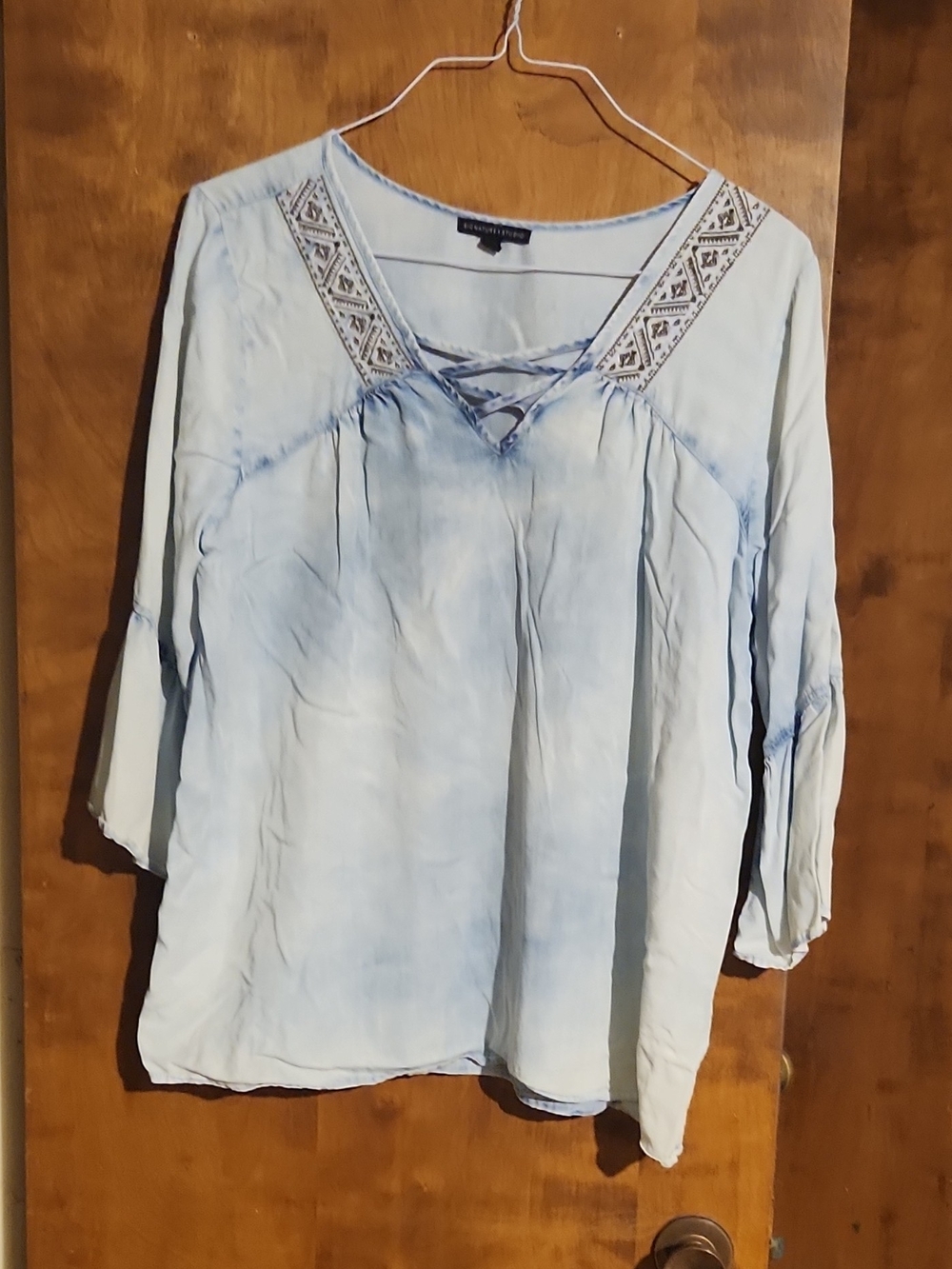 Signature Studio Light Blue Embroidered Lace-Up V-Neck Blouse